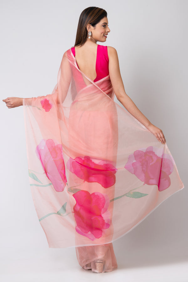 Elegant Peach Organza Saree – Soft Luxury Modern Ethnic Saree