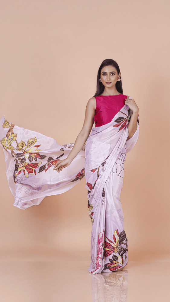 Lightweight Lavender Chinon Silk Saree with Modern Floral Design