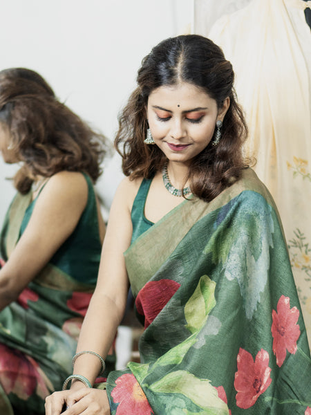 CRIMSON BLOOMS Classic Bottle Green Tussar Zari Saree for Special Occasions
