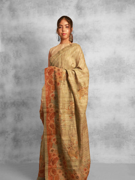 Anandita Classic Olive Green Tussar Silk Saree – Lightweight Handwoven Saree for Natural & Minimal Elegance