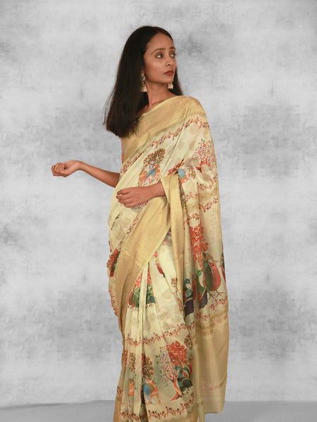 Gond tales | Premium Mint and Yellow Chanderi Saree with Zari Weaving