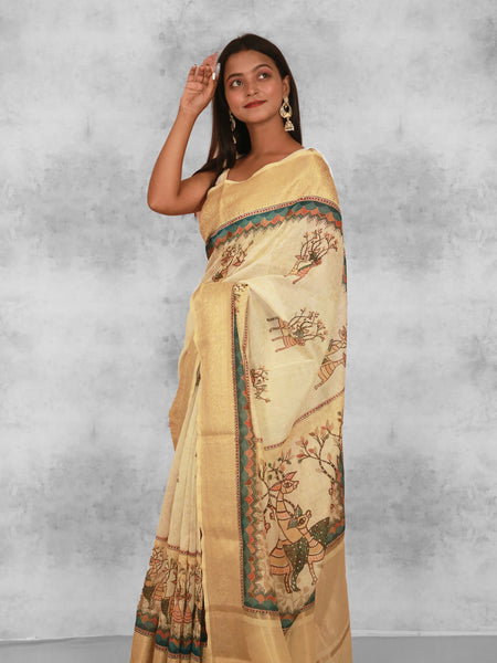 Fauna delight | Mustard Yellow Chanderi Zari Woven Saree with Elegant Traditional Border