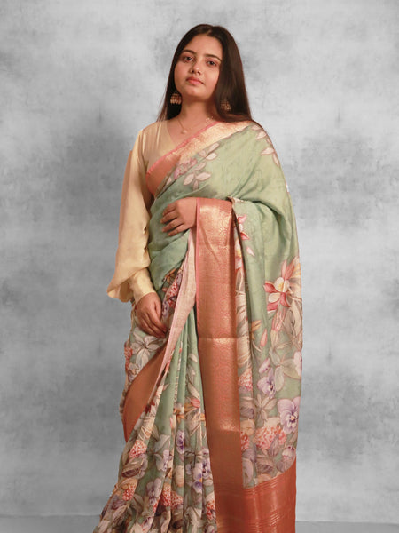 Garden fiesta Premium Pista Green and Red Chanderi Saree with Zari Weaving Detail
