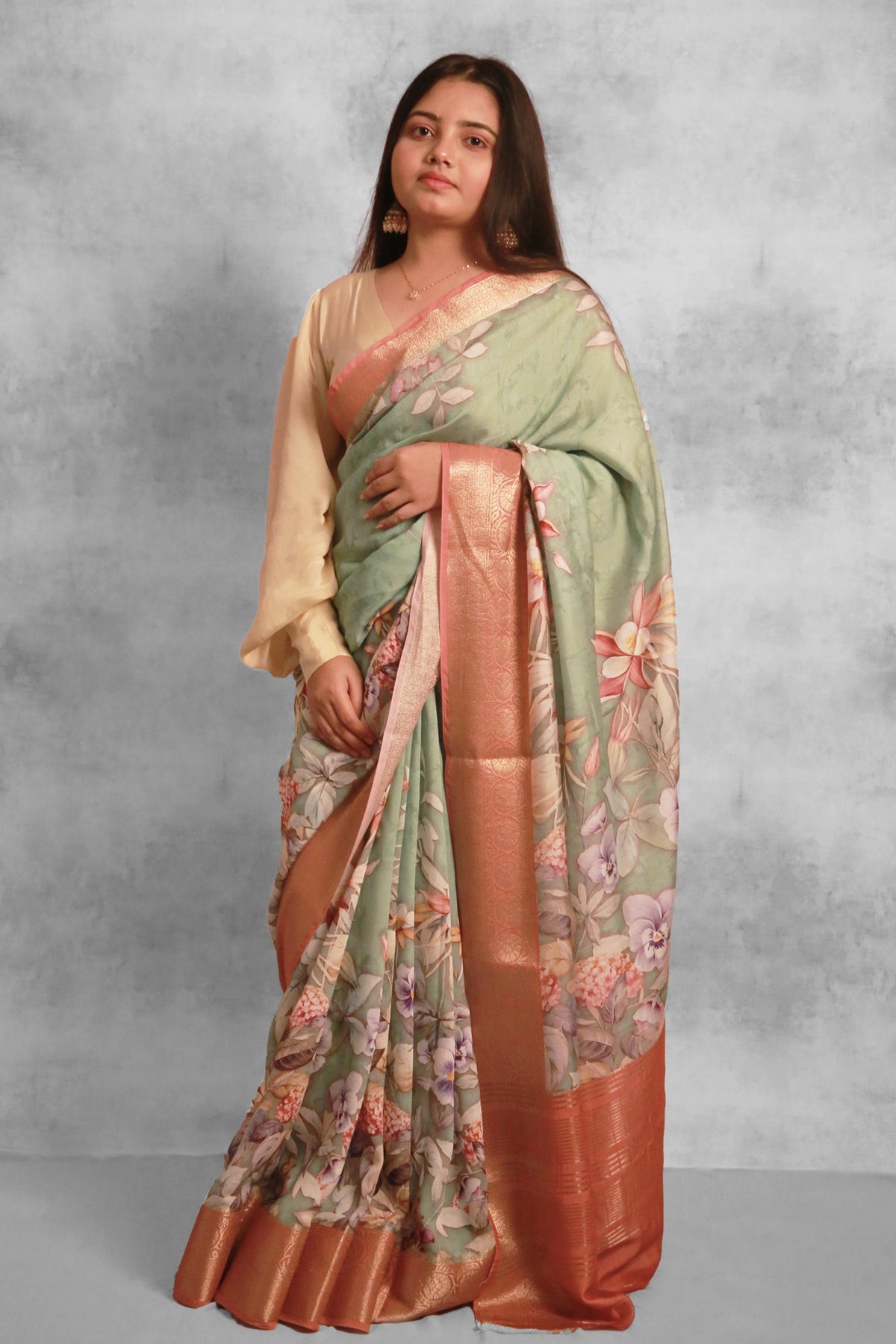 Garden fiesta Premium Pista Green and Red Chanderi Saree with Zari Weaving Detail