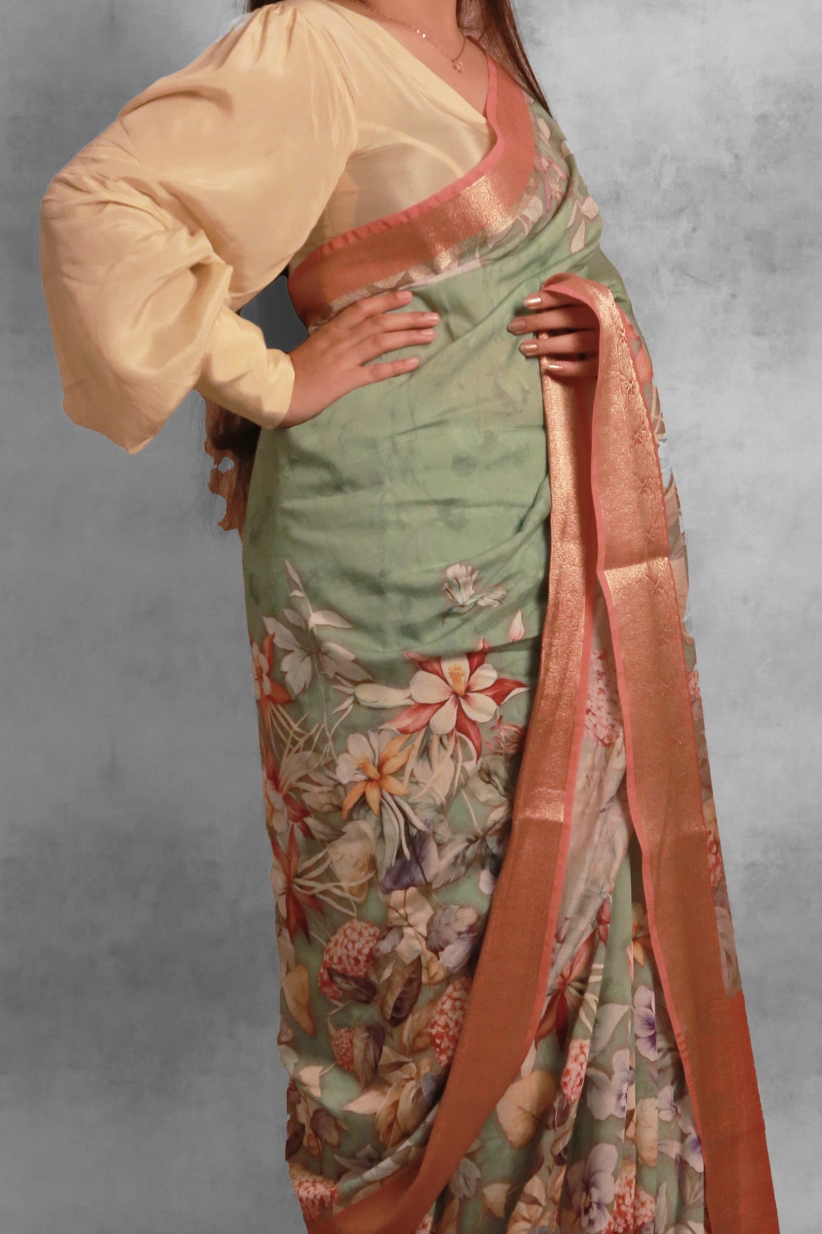 Garden fiesta Premium Pista Green and Red Chanderi Saree with Zari Weaving Detail