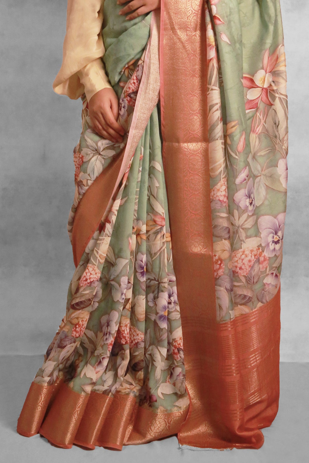 Garden fiesta Premium Pista Green and Red Chanderi Saree with Zari Weaving Detail
