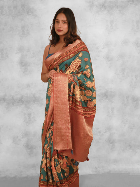 Figurative charms Classic Peacock Green Chanderi Saree with Lightweight Zari Draping