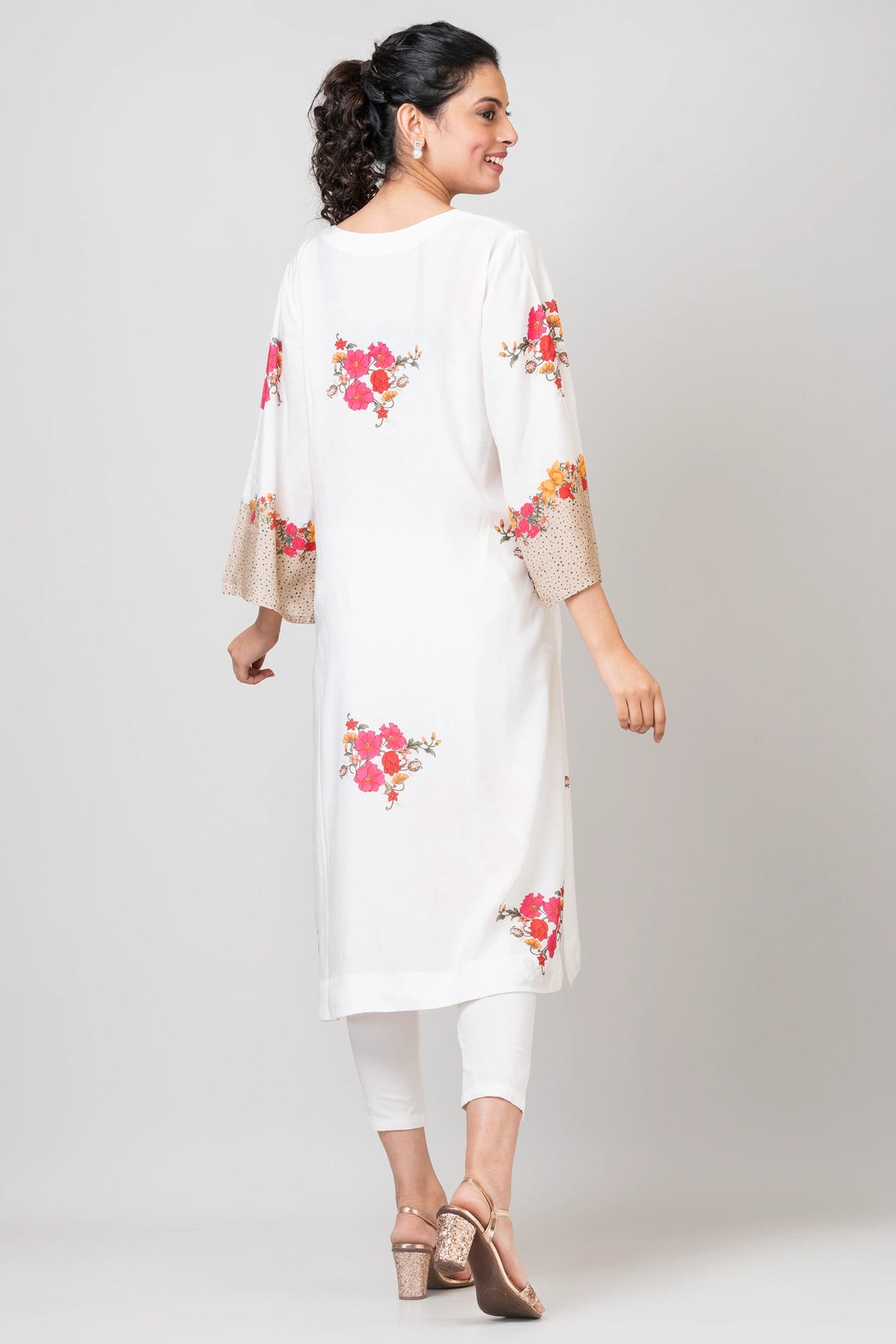 Pastel Petals White Chanderi Kurti with Pants Set for Women Elegant Ethnic Wear