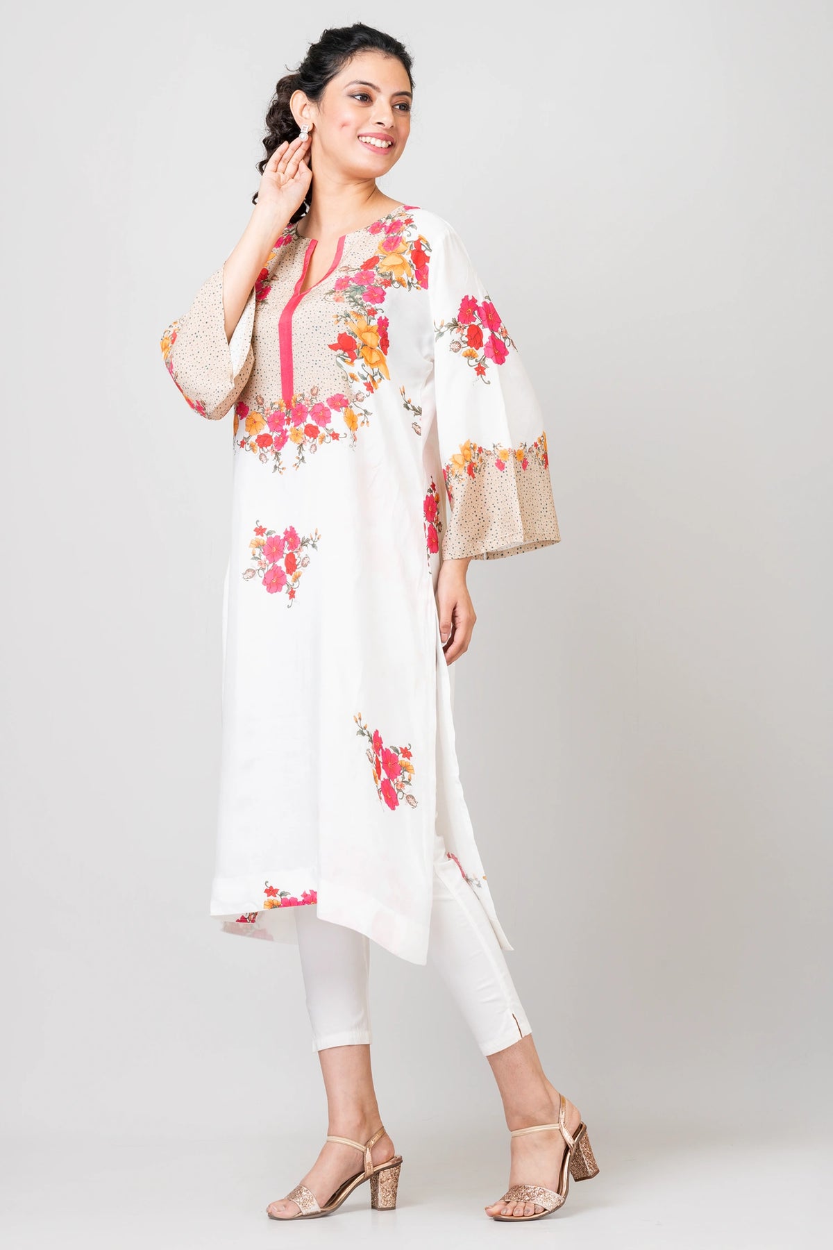Pastel Petals White Chanderi Kurti with Pants Set for Women Elegant Ethnic Wear