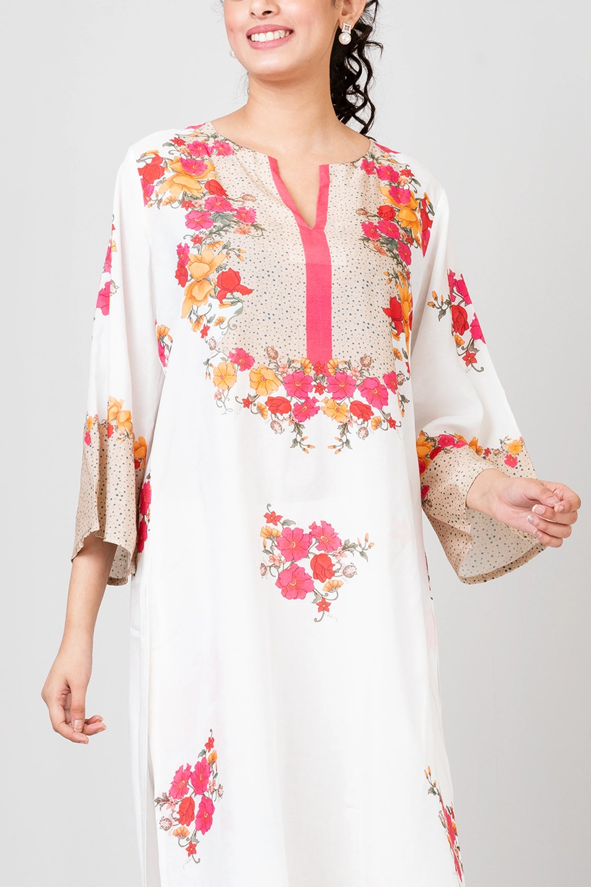 Pastel Petals White Chanderi Kurti with Pants Set for Women Elegant Ethnic Wear