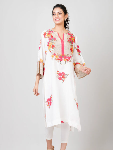 Pastel Petals White Chanderi Kurti with Pants Set for Women Elegant Ethnic Wear