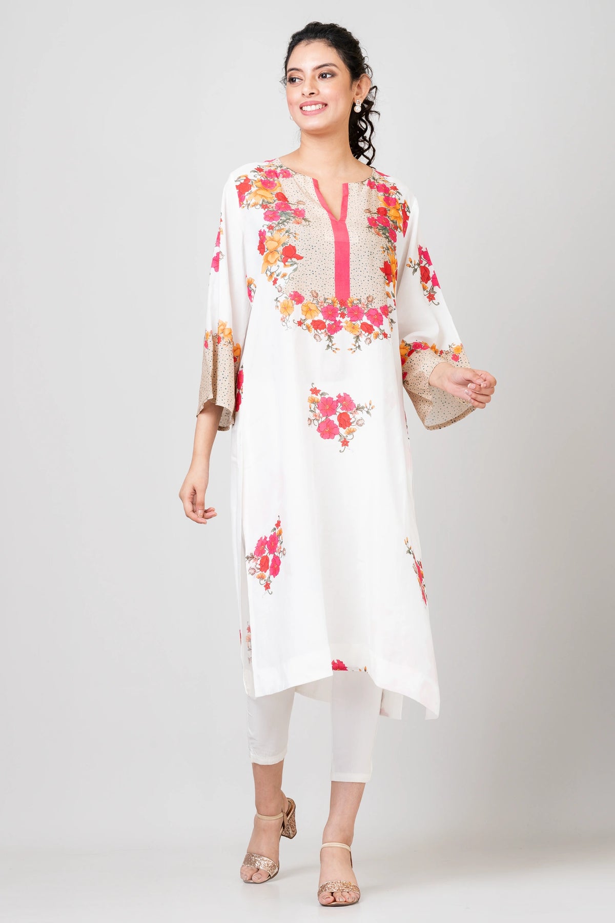 Pastel Petals White Chanderi Kurti with Pants Set for Women Elegant Ethnic Wear