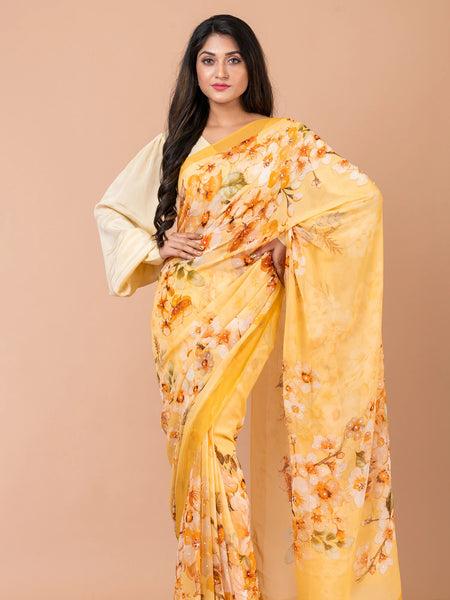 Sunshine drapery Bright Yellow Georgette Saree Elegant Party and Wedding Wear Saree