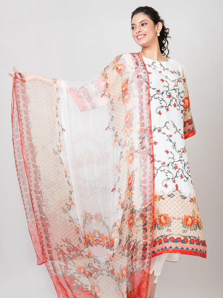 Ethereal Posies White Chanderi Kurti with Pants and Chiffon Dupatta Set for Women