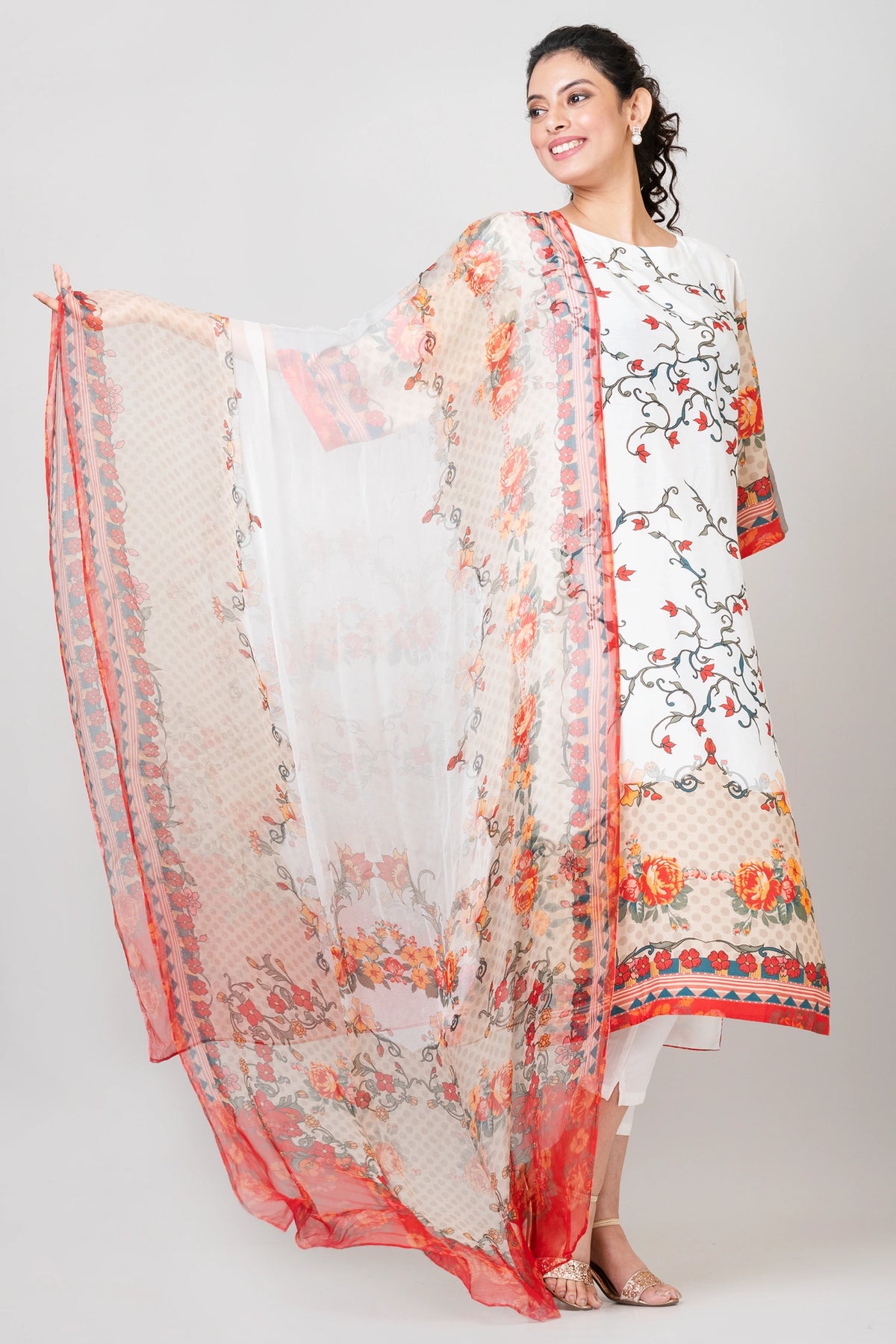 Ethereal Posies White Chanderi Kurti with Pants and Chiffon Dupatta Set for Women