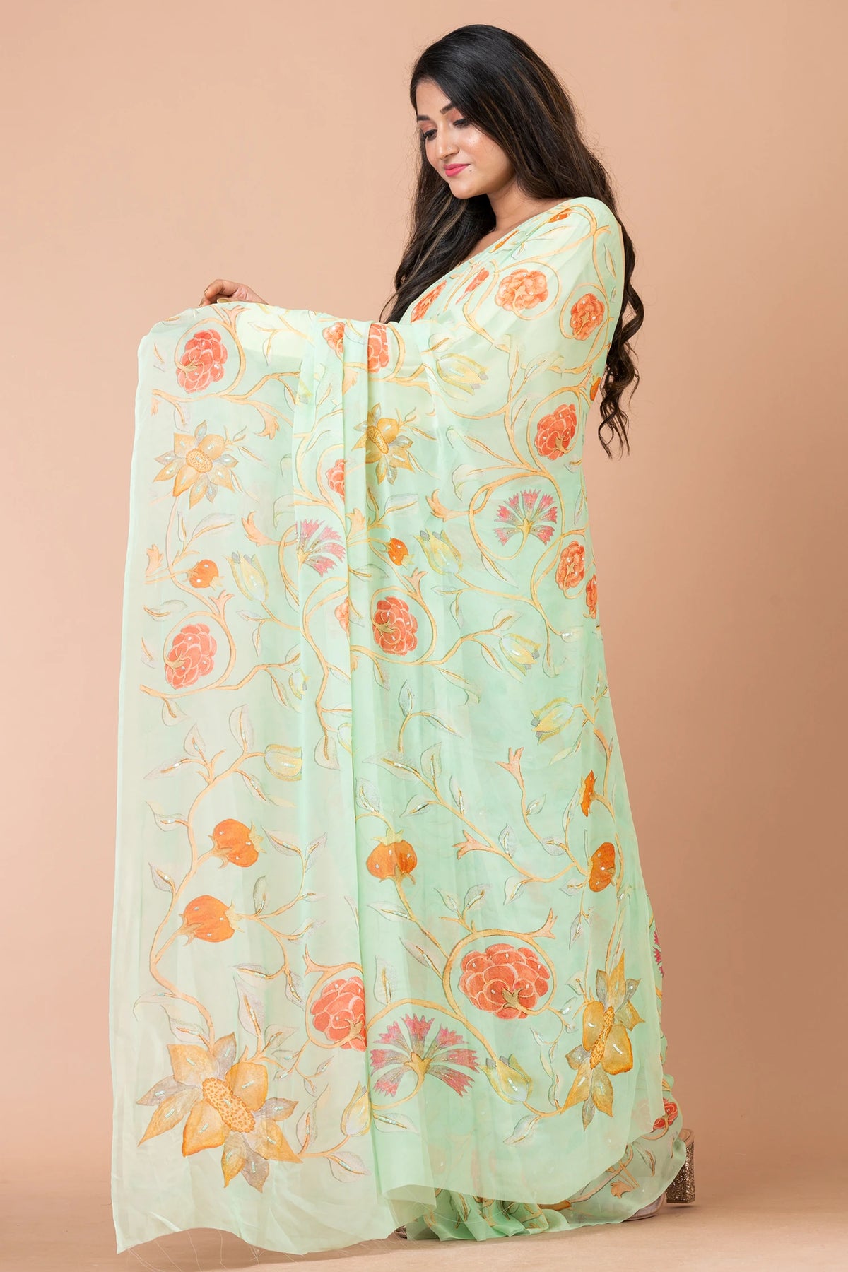 Mint Melody Designer Mint Green Georgette Saree for Party and Occasion Wear