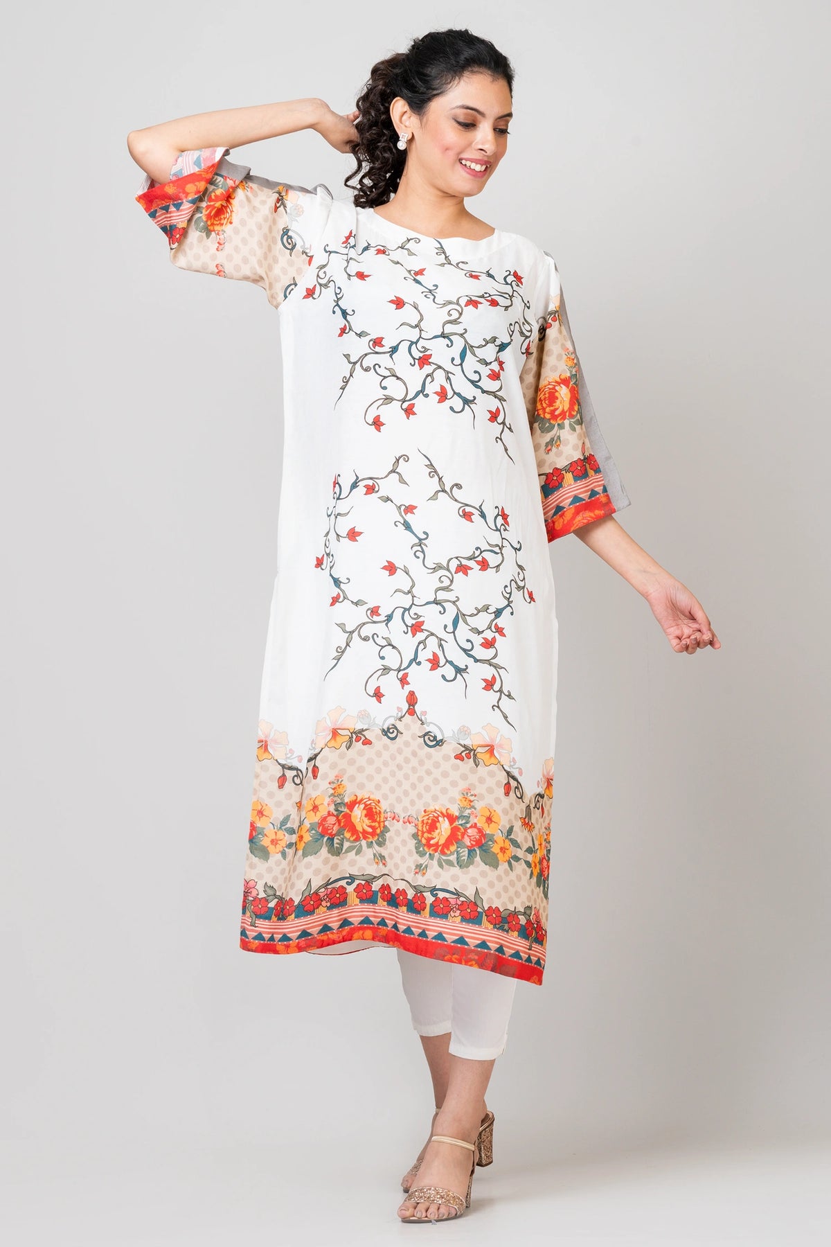 Ethereal Posies White Chanderi Kurti with Pants and Chiffon Dupatta Set for Women