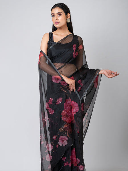 Noir Bloom Premium Black Organza Saree for Women with Modern Elegance