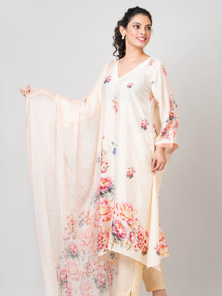 Tranquil Bouquet Designer White Chanderi Ethnic Set with Chiffon Dupatta for Women