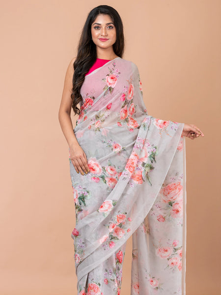 Meadow Allure Grey Georgette Saree – Elegant Lightweight Ethnic Wear for Women