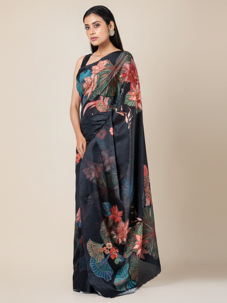 Ebony Lotus Premium Black Semi Tussar Silk Saree for Women with Rich Finish