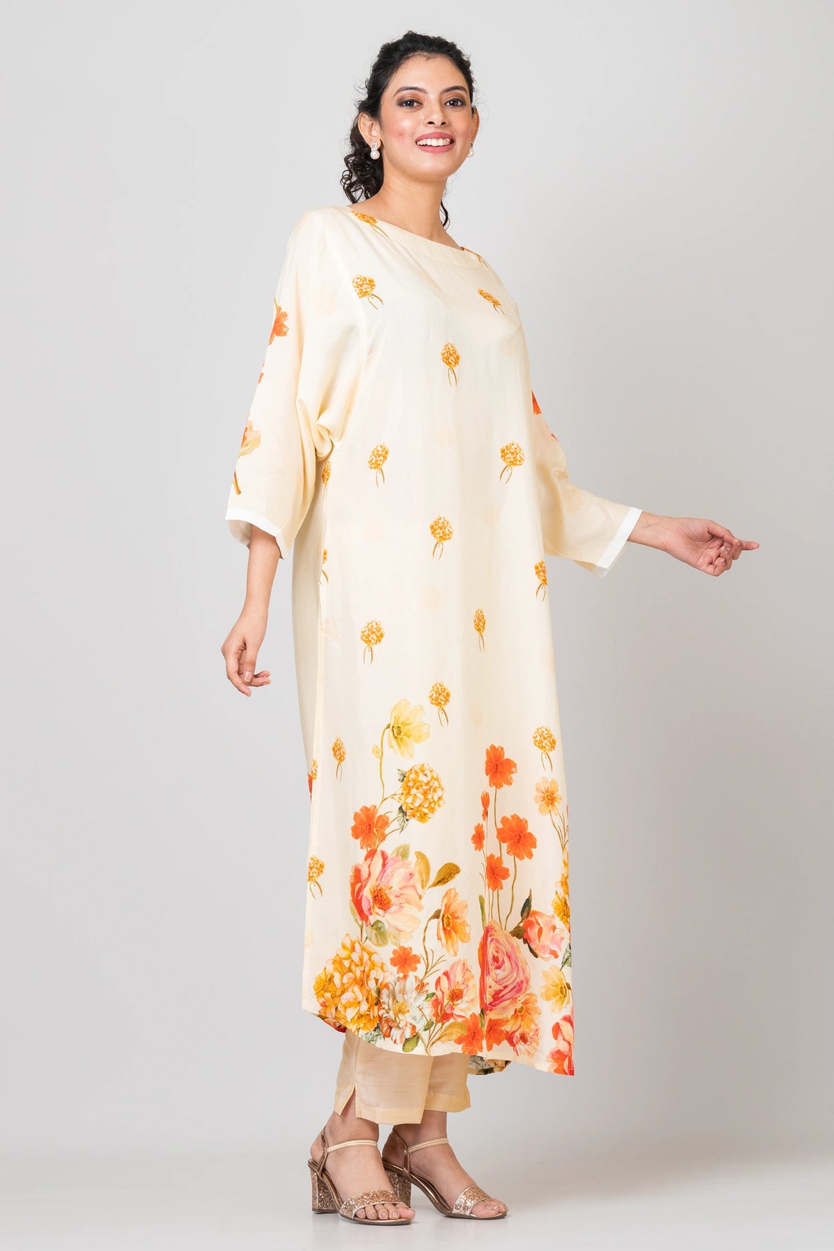 Serene Garden White Chanderi Kurti with Pants Set for Women Elegant Ethnic Wear