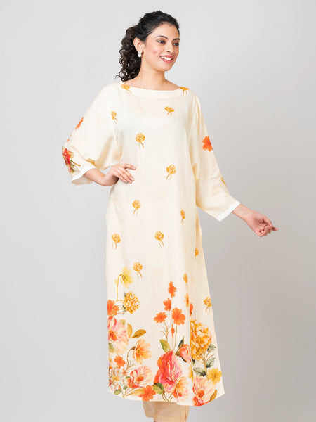 Serene Garden White Chanderi Kurti with Pants Set for Women Elegant Ethnic Wear