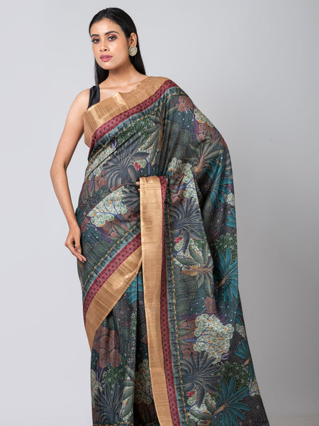 Forest Whispers Elegant Dark Green Colour Semi Tussar Silk Saree with Zari Work – Party Wear Saree