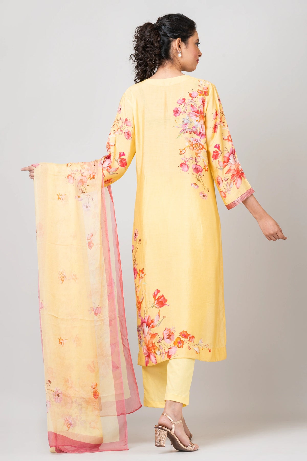 Delicate Blossoms Light Yellow Chanderi Kurti with Pants and Chiffon Dupatta Set for Women