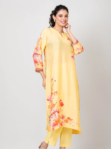 Delicate Blossoms Light Yellow Chanderi Kurti with Pants and Chiffon Dupatta Set for Women
