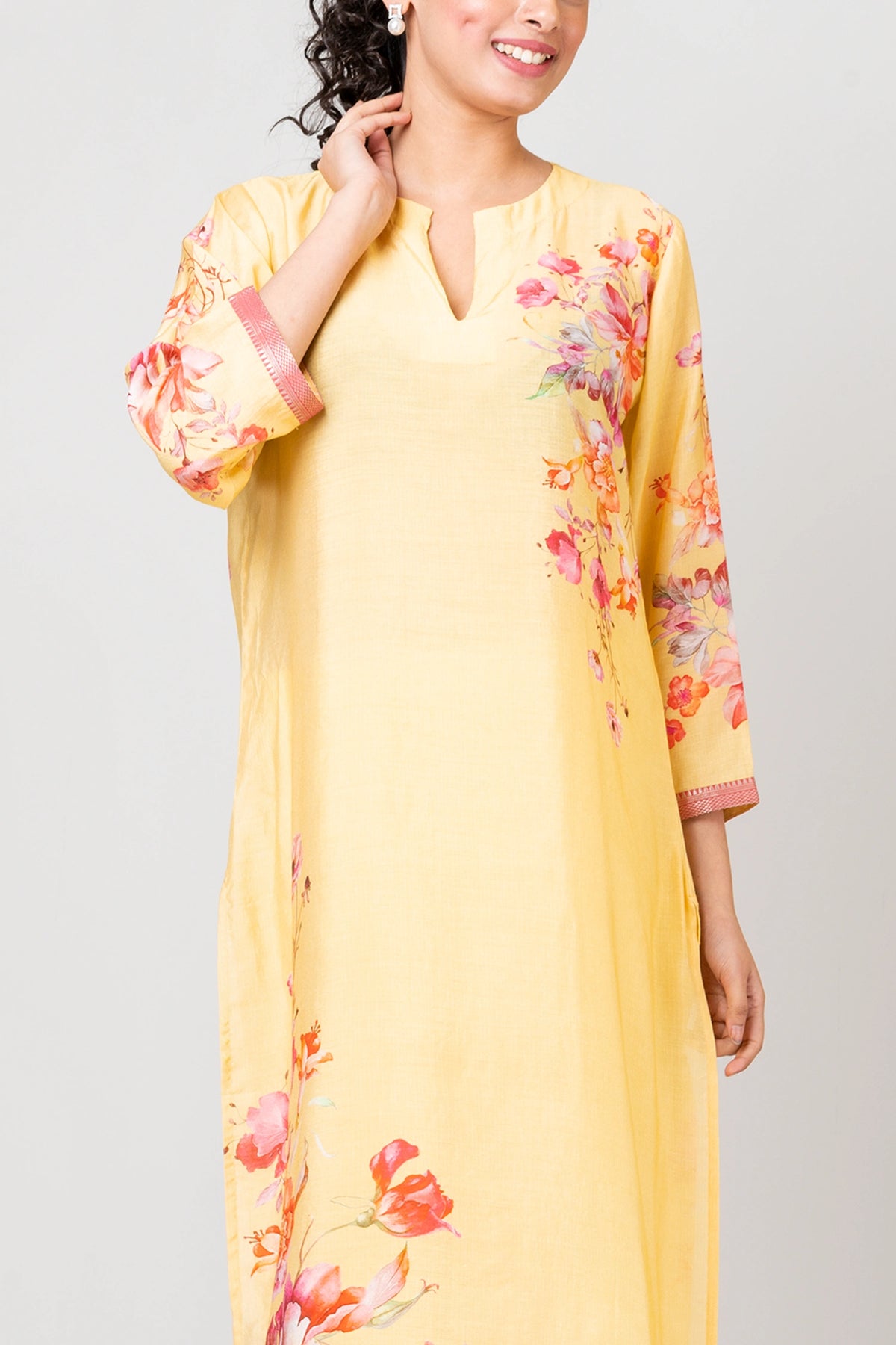 Delicate Blossoms Light Yellow Chanderi Kurti with Pants and Chiffon Dupatta Set for Women