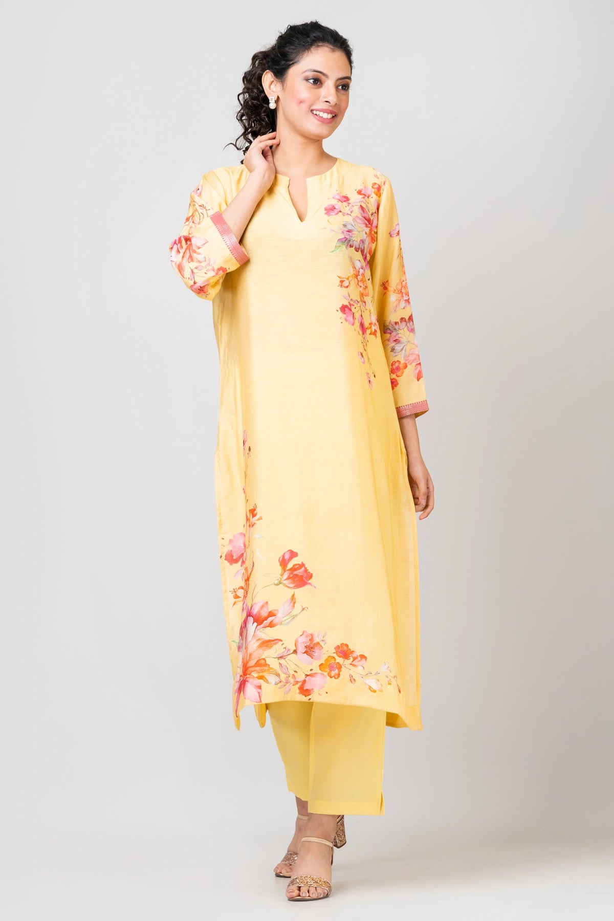 Delicate Blossoms Light Yellow Chanderi Kurti with Pants and Chiffon Dupatta Set for Women