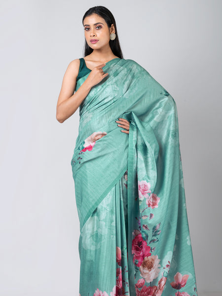 Marine Blossom Elegant Sea Green Semi Tussar Saree for Special Occasions