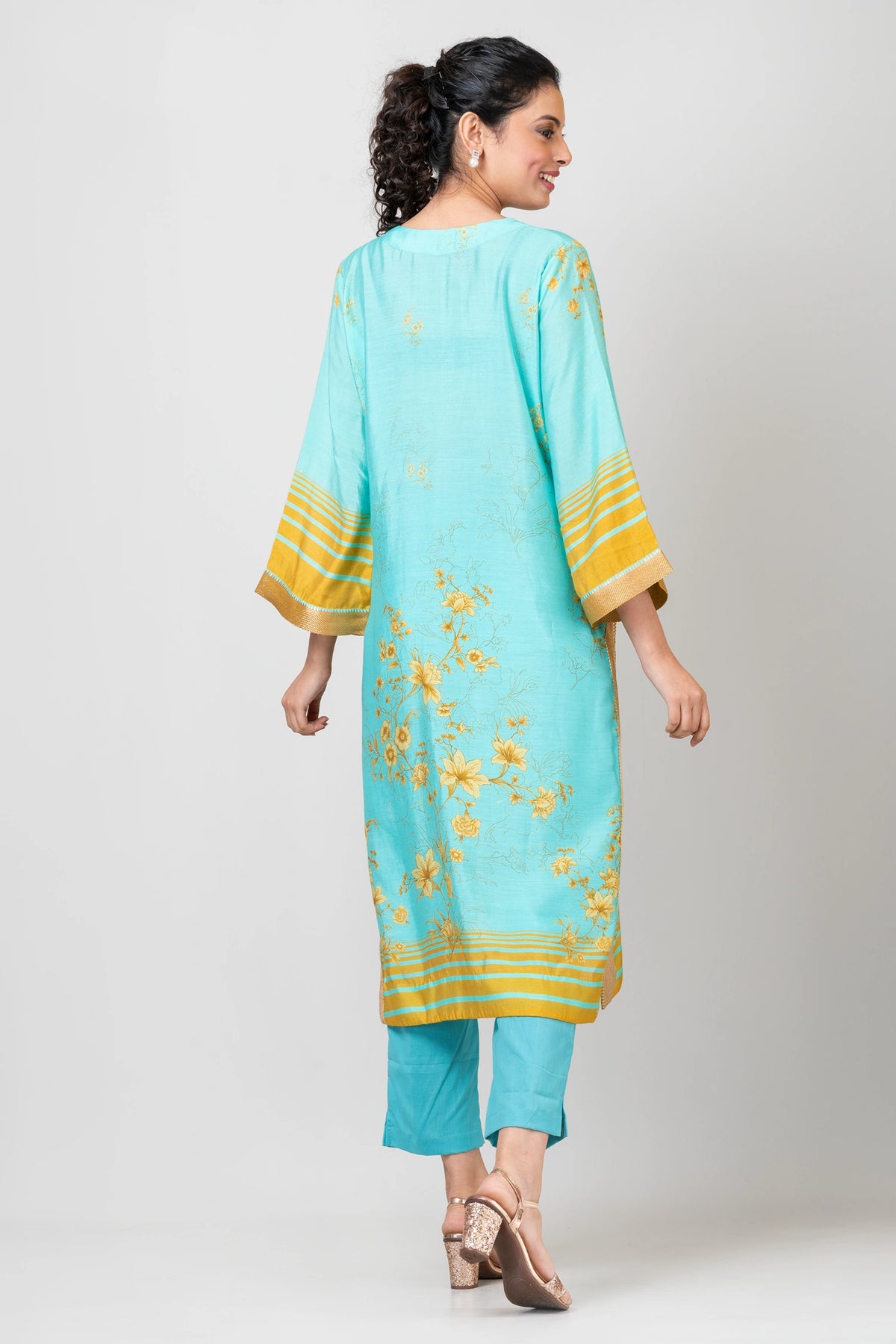 Whispering Roses Blue Chanderi Kurti with Pants Set for Women Elegant Ethnic Wear