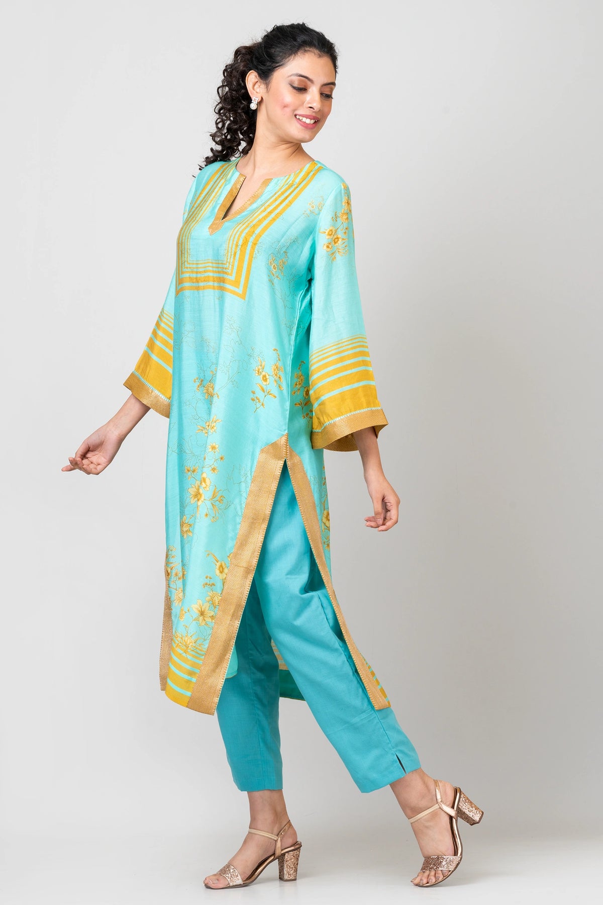 Whispering Roses Blue Chanderi Kurti with Pants Set for Women Elegant Ethnic Wear