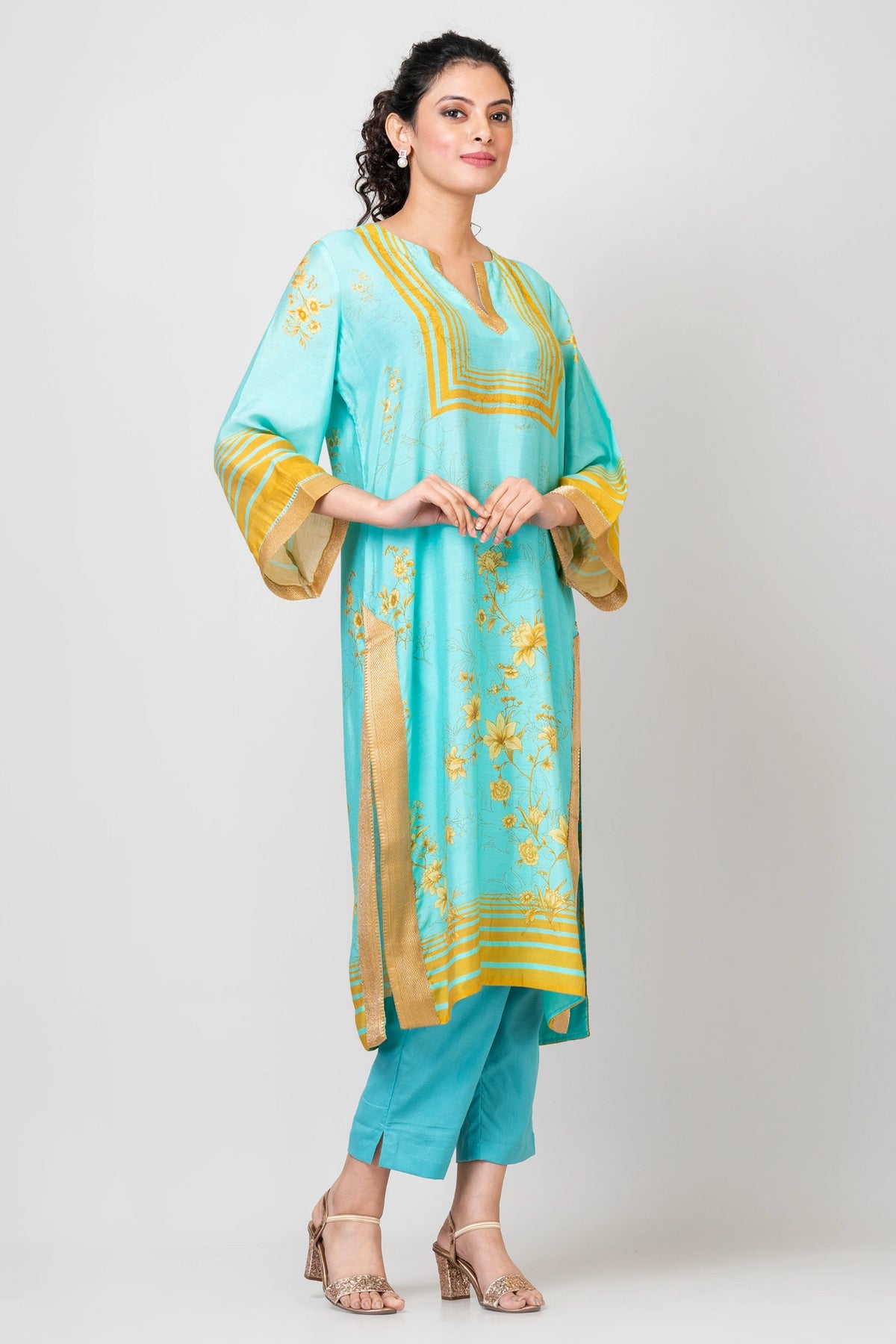Whispering Roses Blue Chanderi Kurti with Pants Set for Women Elegant Ethnic Wear