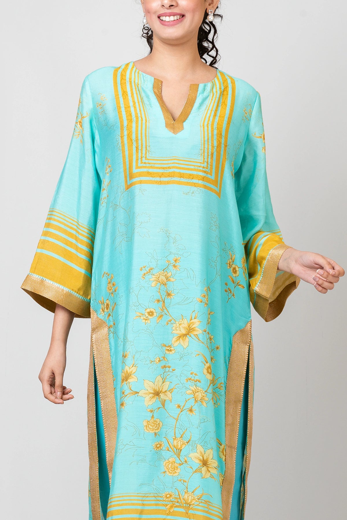 Whispering Roses Blue Chanderi Kurti with Pants Set for Women Elegant Ethnic Wear