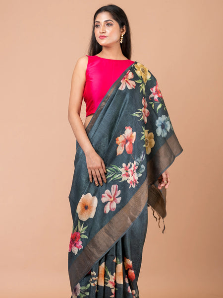 Cascade floral Grey Handloom Tussar Zari Silk Saree – Elegant Traditional Ethnic Wear Saree