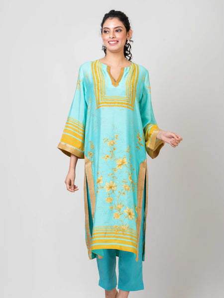 Whispering Roses Blue Chanderi Kurti with Pants Set for Women Elegant Ethnic Wear