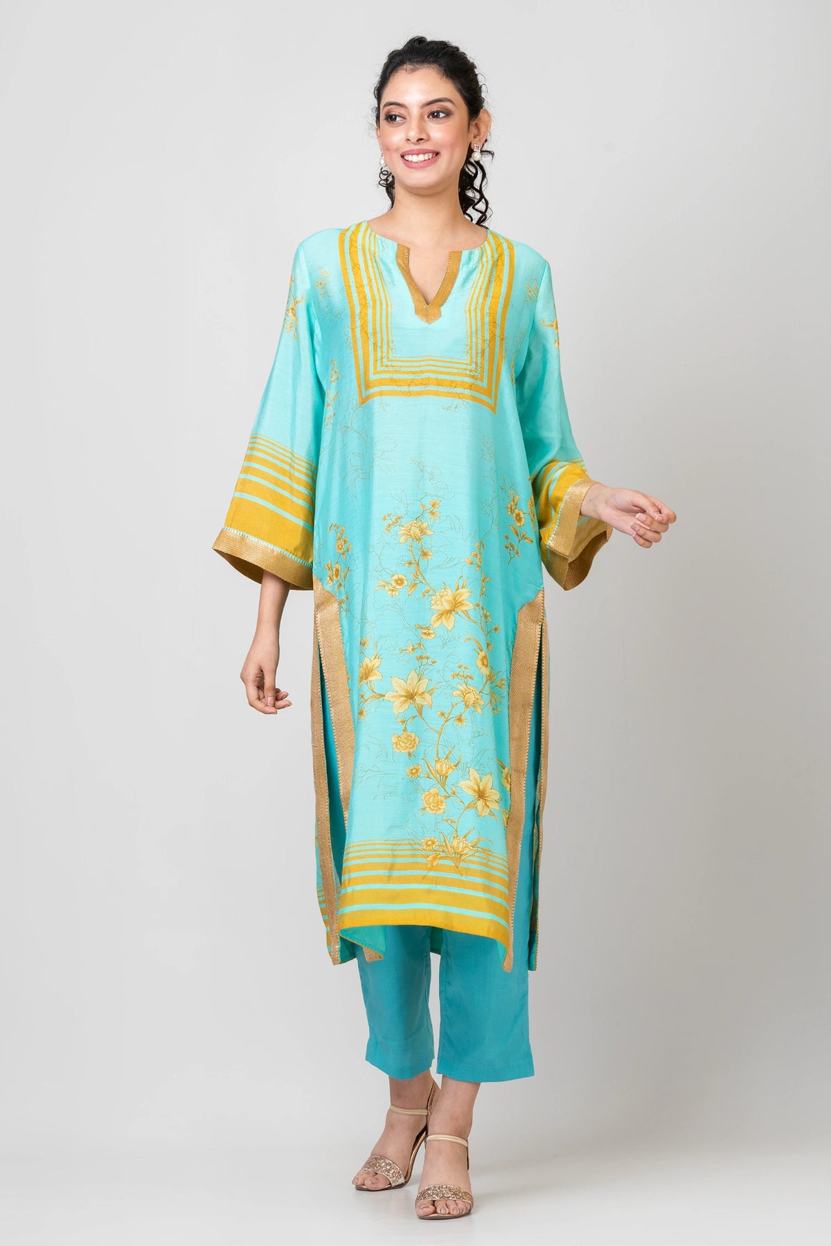 Whispering Roses Blue Chanderi Kurti with Pants Set for Women Elegant Ethnic Wear