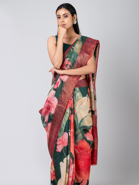 Bold Green Elegance Bottle Green Tussar Zari Saree – Elegant Traditional Lightweight Ethnic Wear Saree
