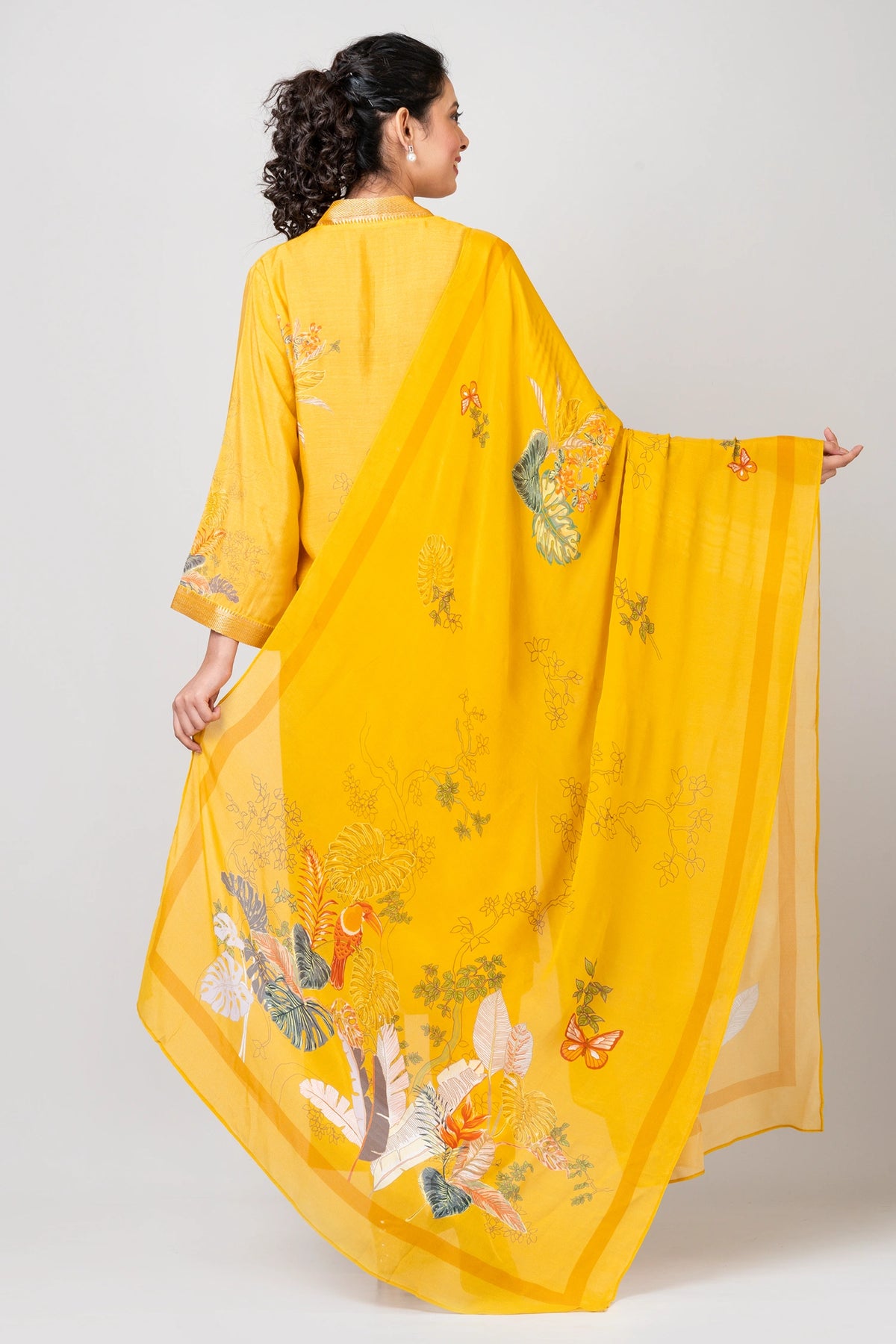 Tender Vines Yellow Chanderi Kurti with Pants and Chiffon Dupatta Set for Women