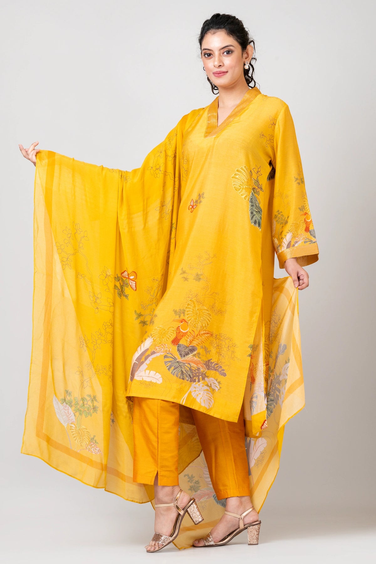 Tender Vines Yellow Chanderi Kurti with Pants and Chiffon Dupatta Set for Women