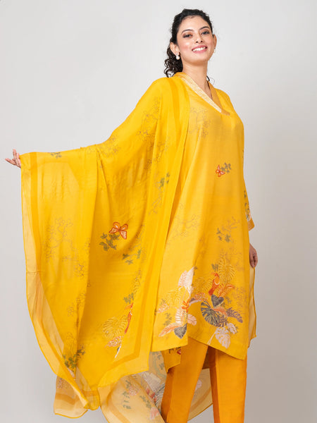 Tender Vines Yellow Chanderi Kurti with Pants and Chiffon Dupatta Set for Women