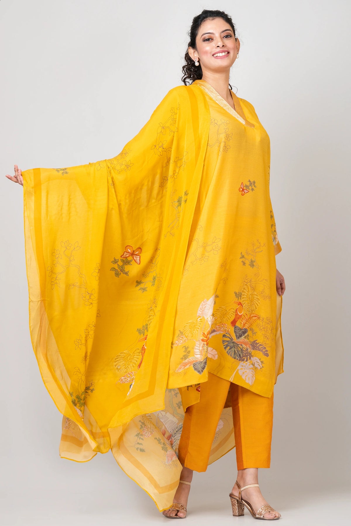 Tender Vines Yellow Chanderi Kurti with Pants and Chiffon Dupatta Set for Women