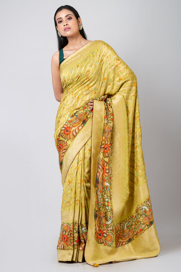 Kalamkari elegance Designer Yellow Leheriya Saree for Cultural & Festive Occasions