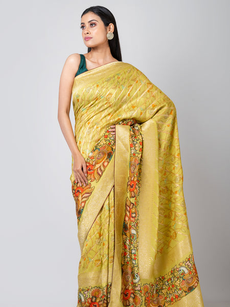 Kalamkari elegance Designer Yellow Leheriya Saree for Cultural & Festive Occasions