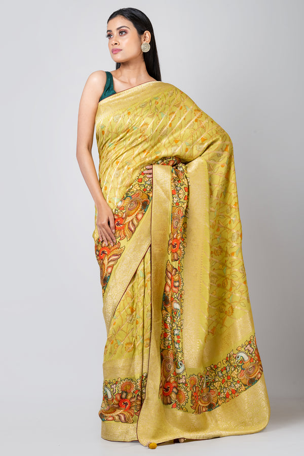 Kalamkari elegance Designer Yellow Leheriya Saree for Cultural & Festive Occasions