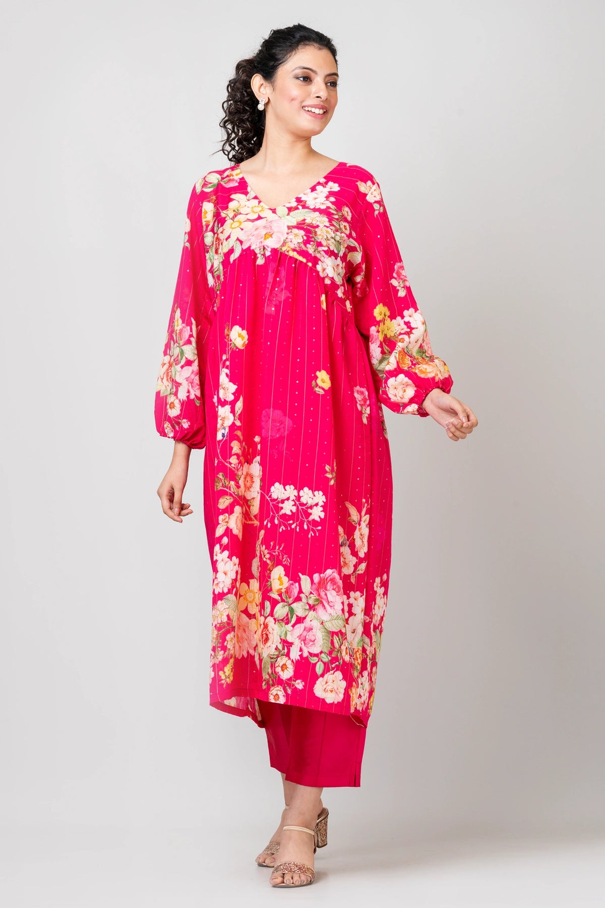 Soothing Florals Designer Pink Sequence Woven Kurta Pant Set for Festive Wear