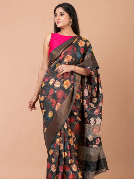 Bird in creepers Premium Slate Black Handwoven Tussar Zari Saree – Timeless Silk Saree for Sophisticated Traditional Styling